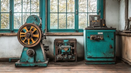 Fototapeta premium Abandoned Industrial Machinery in a Rustic Workshop