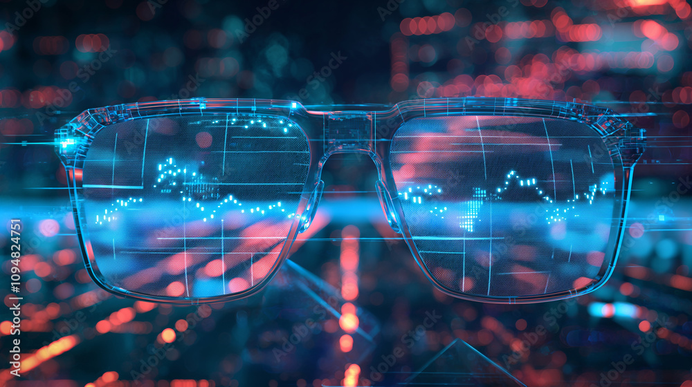 Poster augmented reality glasses visualizing ai-driven network diagnostics, displaying live graphs, data pa