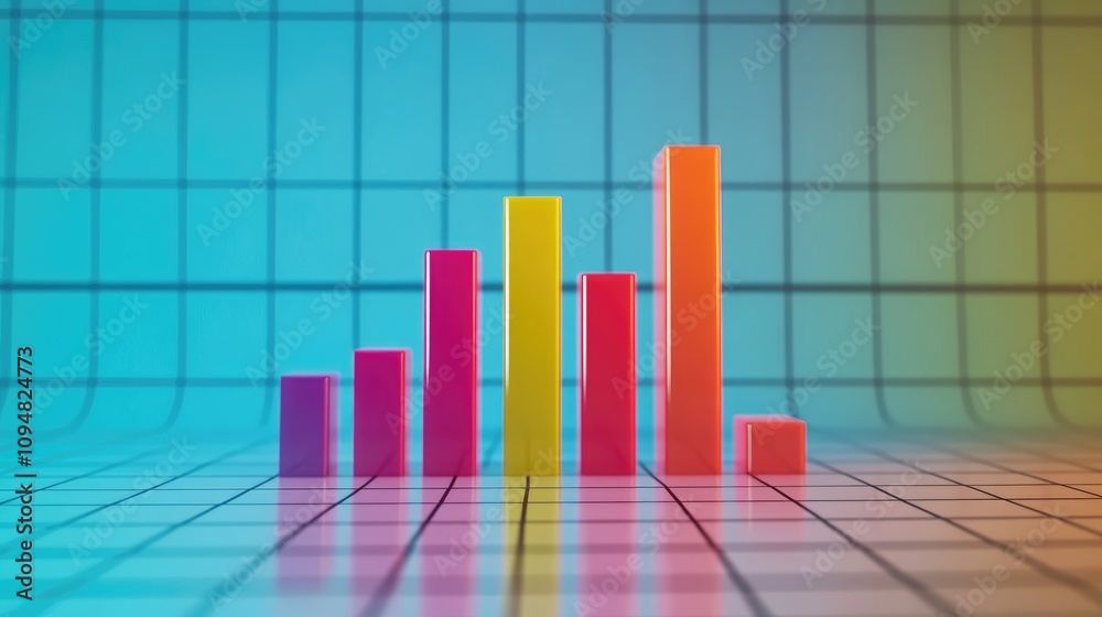 Poster a conceptual 3d bar graph representing market analysis, with tall, slender bars in vibrant colors an