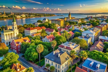 Fototapeta premium Aerial View of Historic Charleston, SC Showcasing Iconic Architecture, Cobblestone Streets, and Vibrant Waterfront – A Stunning Drone Photography Perspective of Southern Charm