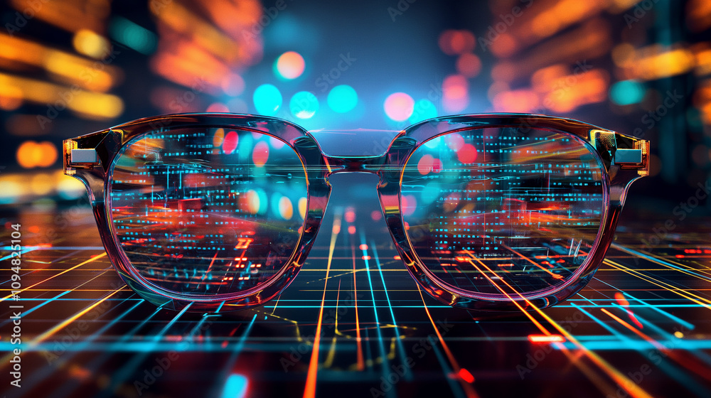 Poster augmented reality glasses visualizing ai-driven network diagnostics, displaying live graphs, data pa