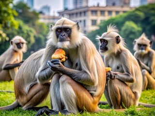 Obraz premium Aerial View of Langur Monkeys foraging for Fleas with a Piece of Bread in the City Park of Kolkata, India Surrounded by Lush Greenery and Urban Landscape