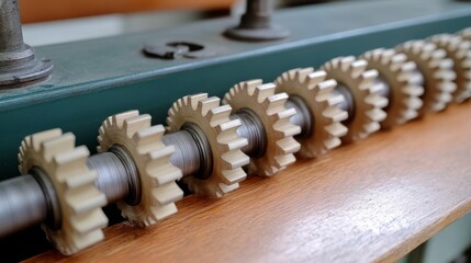 Close-up of a row of cogs and gears on a machine