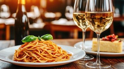Two plates of pasta adorned with Parmesan and herbs sit on a table in a welcoming Italian restaurant, illuminated by natural light