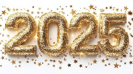 A stunning golden "2025" crafted from glitter on a white backdrop, surrounded by light glimmers, stars, and confetti, ideal for New Year invitations and decor.

