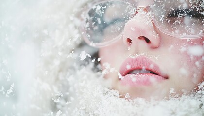 Winter Beauty. Fashion Portrait Of Young Woman In Glasses With Snowflakes, Close Up On Face.