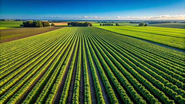 Aerial View of Lush Green Fields of Frejoles Beans Under a Bright Blue Sky, Capturing the Vibrant Patterns and Textures of Agriculture in a Rural Landscape