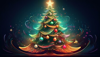 飾り物、ライト、そしててっぺんに輝く星で飾られたそびえ立つクリスマスツリー。ツリーの根元には曲線を描くように光る文字で「メリークリスマス」と書かれています