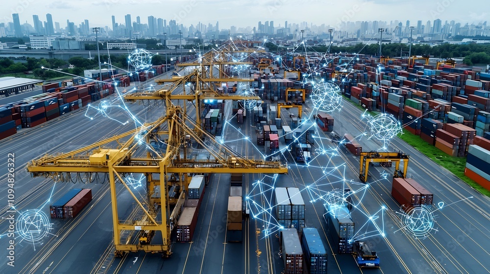 Poster Aerial perspective showcasing a busy port with towering cranes and stacked cargo containers connected through a futuristic digital network of global business nodes and tools in a sleek