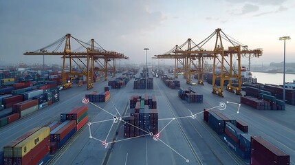 Aerial view of a busy port with cranes and containers connected by a network of global business nodes