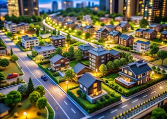 Aerial View of Miniature Houses on a Scale Model Representing Real Estate Balance and Value Assessment in a Modern Urban Landscape