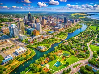 Naklejka premium Aerial View of Milwaukee, WI with Detailed Geographic Map Highlighting Major Landmarks, Parks, and Urban Development for Stunning Drone Photography Showcase