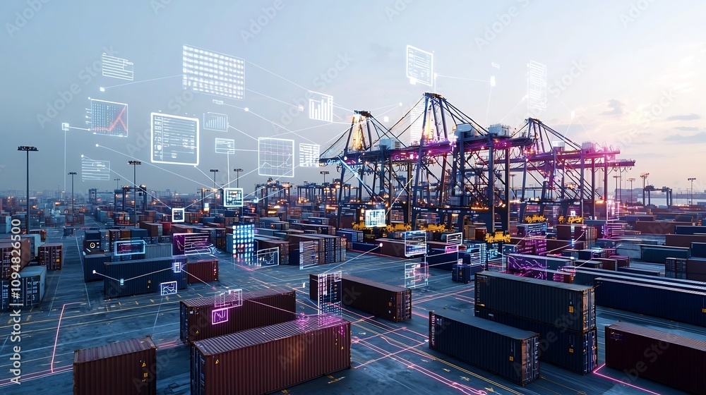 Aufkleber Expansive aerial view of a futuristic automated port with shipping containers cranes and a global communication network featuring 3D data graphs and interactive digital tools