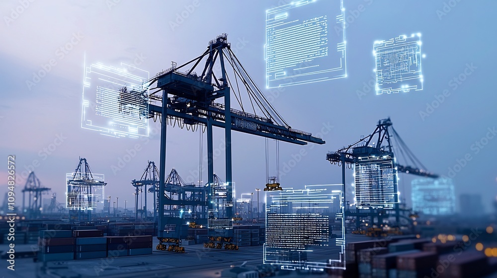 Fototapete Futuristic container port with towering cranes communication network nodes and 3D data visualizations floating in a purple blue tone