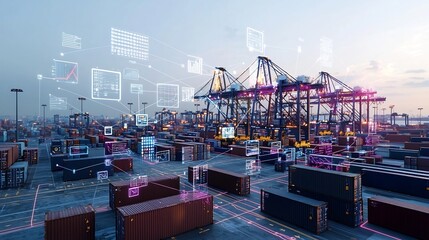 Expansive aerial view of a futuristic automated port with shipping containers cranes and a global communication network featuring 3D data graphs and interactive digital tools