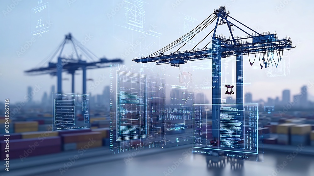 Fototapete Futuristic container port with towering cranes a network of communication nodes and 3D data visualizations floating in the foreground against a purple blue toned backdrop