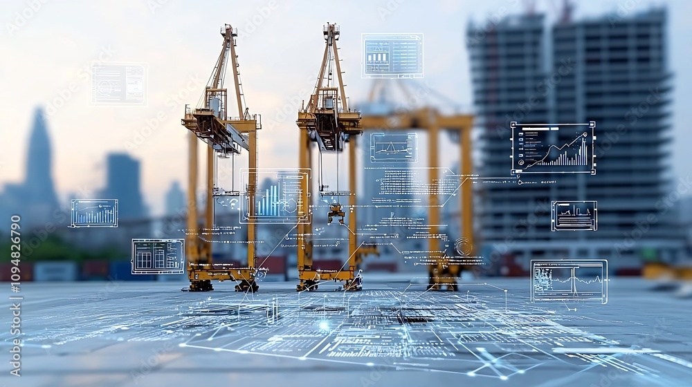Poster Futuristic port scene with shipping containers cranes and overlaid global network nodes and data visualization tools  The image has a purple blue color tone creating a conceptual innovative