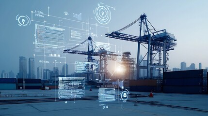 Futuristic port scene with towering cranes and shipping containers overlaid by a network of glowing digital nodes and floating data visualization tools in a vibrant purple blue tone