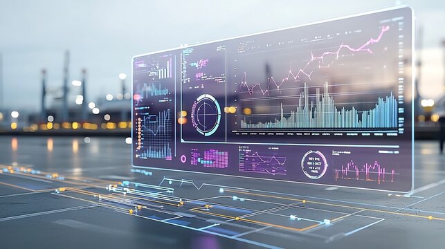Aerial view of a futuristic global port network with 3D data charts digital analysis tools and an industrial purple blue color scheme