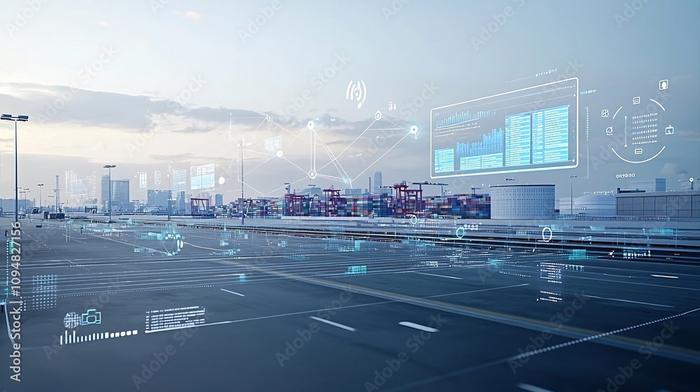 Aufkleber Aerial view of a large modern port facility with a network of interconnected global nodes and interactive 3D business data graphs