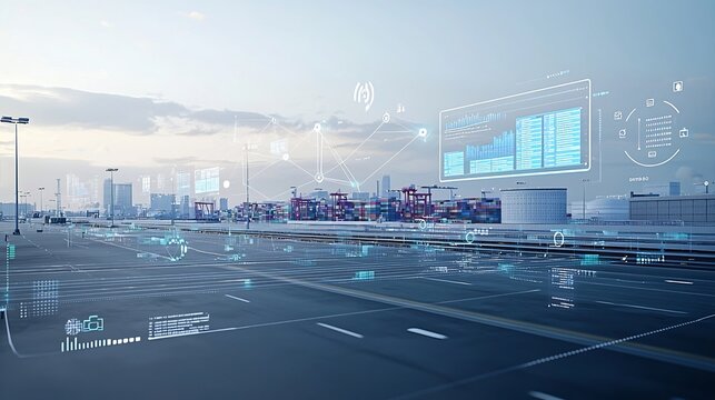 Aerial view of a large modern port facility with a network of interconnected global nodes and interactive 3D business data graphs