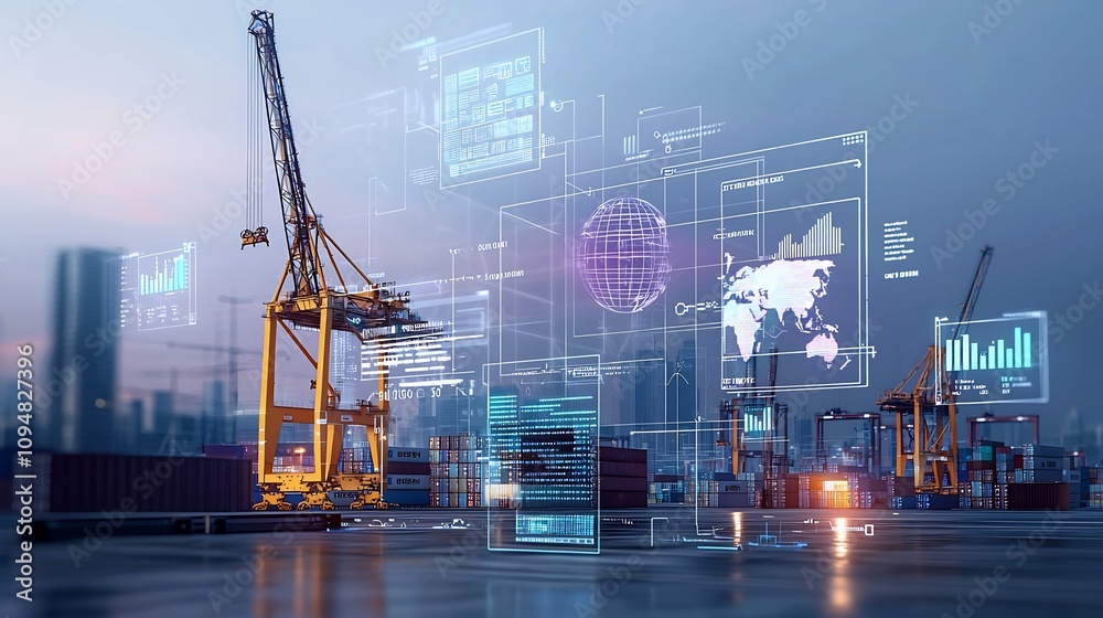 Poster Futuristic seaport scene with cargo cranes shipping containers and a global communication overlay featuring floating data graphs and analytics visualizations in a sleek purple blue industrial tone