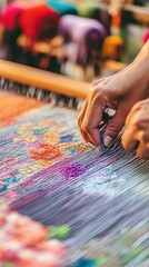 Obraz premium A Filipino weaver crafts a vibrant textile with colorful threads in a lively setting