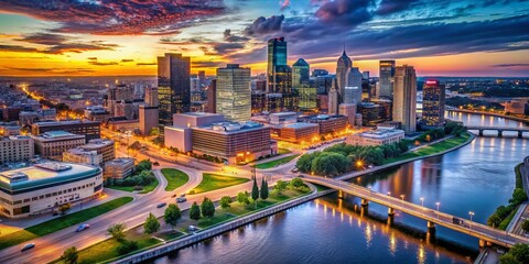 Aerial View of Saint Paul Minnesota Skyline at Dusk with City Lights Glimmering and the Mississippi River Flowing Beneath the Urban Landscape, Showcasing Modern Architecture and Historic Buildings