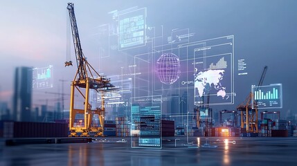 Futuristic seaport scene with cargo cranes shipping containers and a global communication overlay featuring floating data graphs and analytics visualizations in a sleek purple blue industrial tone