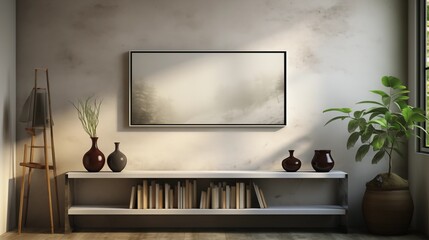 A modern shelf with a poster featured in a 3D render, offering a touch of artistic charm to the minimalist space.