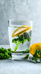 A refreshing glass of water with a lemon slice and a green leafy vegetable garnish, showcasing a healthy and vibrant drink, perfect for wellness, hydration, and clean living, evoking feelings of fresh