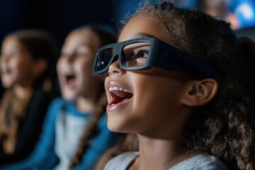 A joyful moment captured of young girls wearing 3D glasses, sharing excitement while watching a movie, emphasizing friendship and the joy of shared experiences.