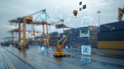 Futuristic container port scene showcasing advanced communication networks floating 3D data visualizations and digital business management tools in a sleek technology driven purple blue color palette