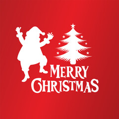 Merry christmas tree with star enjoying santa claus greeting card poster on red background