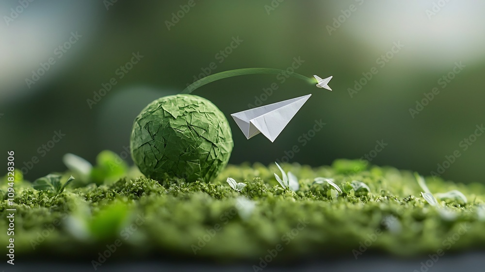 Aufkleber close up view of a paper airplane elegantly circling a lush green planet symbolizing renewable energ