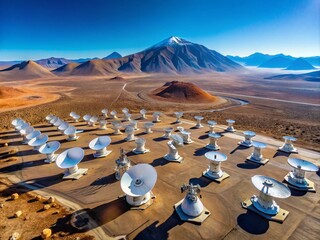 Aerial View of the ALMA Telescope Array in the Atacama Desert Showcasing the Unique Landscape and Futuristic Astronomy Technology under a Clear Blue Sky