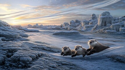 Fototapeta premium Family of three otters moving across a frozen, icy landscape during a cold sunset, suitable for nature documentaries or environmental advertising.
