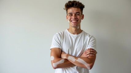Confident young adult with vitiligo posing in casual t-shirt, arms crossed and smiling, showcasing unique skin patterns