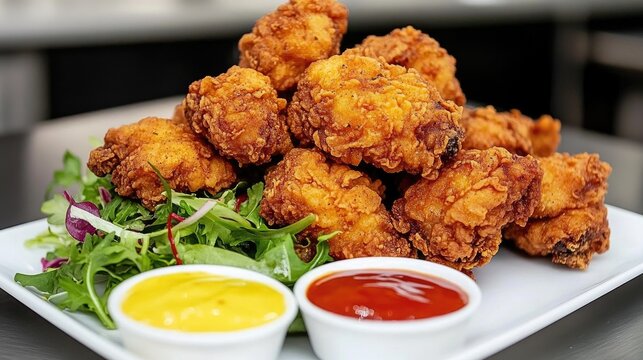 A delicious image of fried chicken thighs piled high on a platter, surrounded by fresh garden salad and colorful dipping sauces, inviting a tasty feast