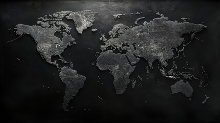 A detailed world map features relief outlines of continents and oceans, set against a dark textured background. The design emphasizes geography and topography.