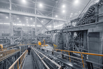 Grinding ball mill operates with mineral ore at plant for copper and gold concentrate. Industry...