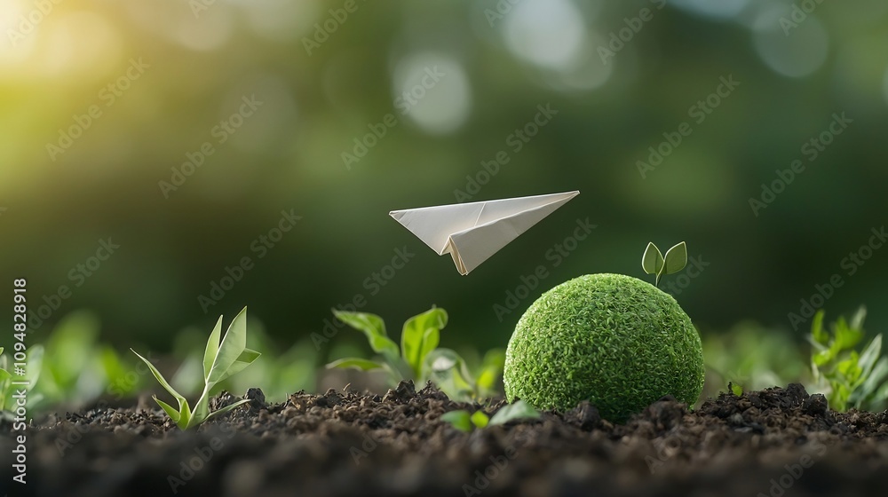 Aufkleber a paper airplane gracefully soaring above a vibrant green earth symbolizing the potential of renewab