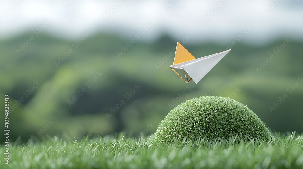 Aufkleber close up of a paper airplane gracefully flying above a lush green planet symbolizing the power of re