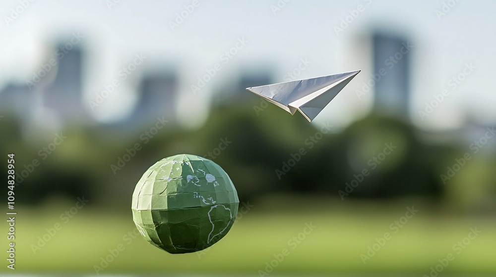 Aufkleber close up view of a simple paper airplane flying above a stylized green earth symbolizing renewable e
