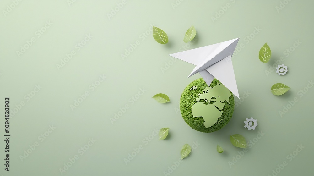 Poster conceptual image of a paper airplane orbiting a green planet earth symbolizing the importance of eco