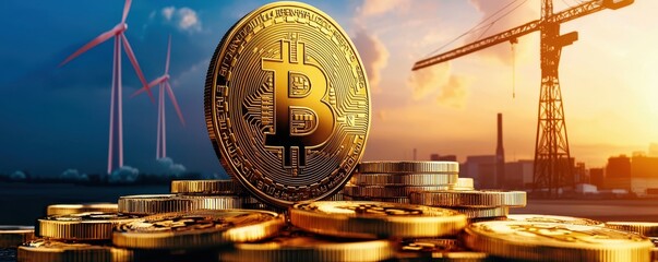 Golden Bitcoin Coins Stacked in Front of Wind Turbines and Construction Cranes Reflecting the Future of Energy and Cryptocurrency Investment Opportunities in Modern Economy