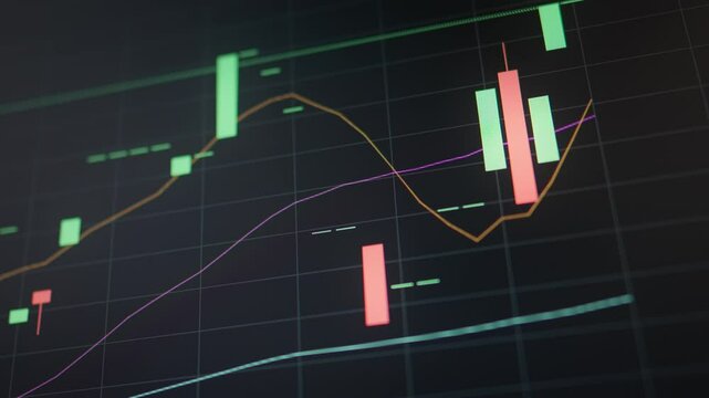 Close-up view of a stock market chart displaying various colorful candlestick movements, used in financial trading to analyze price trends and market fluctuations.