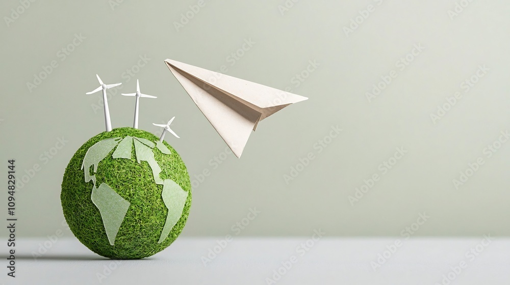 Poster paper airplane soaring above a green globe representing sustainable energy sources and environmental