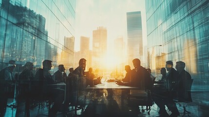 Double exposure business people conference group meeting on city office building in background showing partnership success of business deal. trust and agreement, Concept of teamwork, 4k image