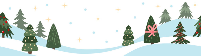 Vector winter, Christmas, New Year season landscape. Long panoramic background or banner with decorated spruce, fir or noel tree, stars and snow.
